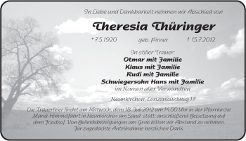 Traueranzeige von Theresia Thüringer von Pegnitz-Zeitung